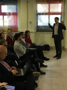 mathis presenting to group of people in Almada, Portugal